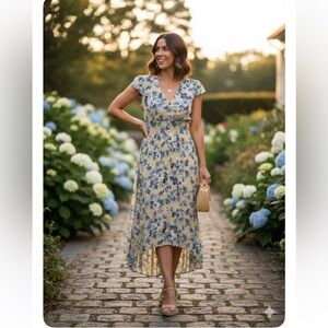 BeBop Blue and Yellow Floral High Low Dress size Medium NWT